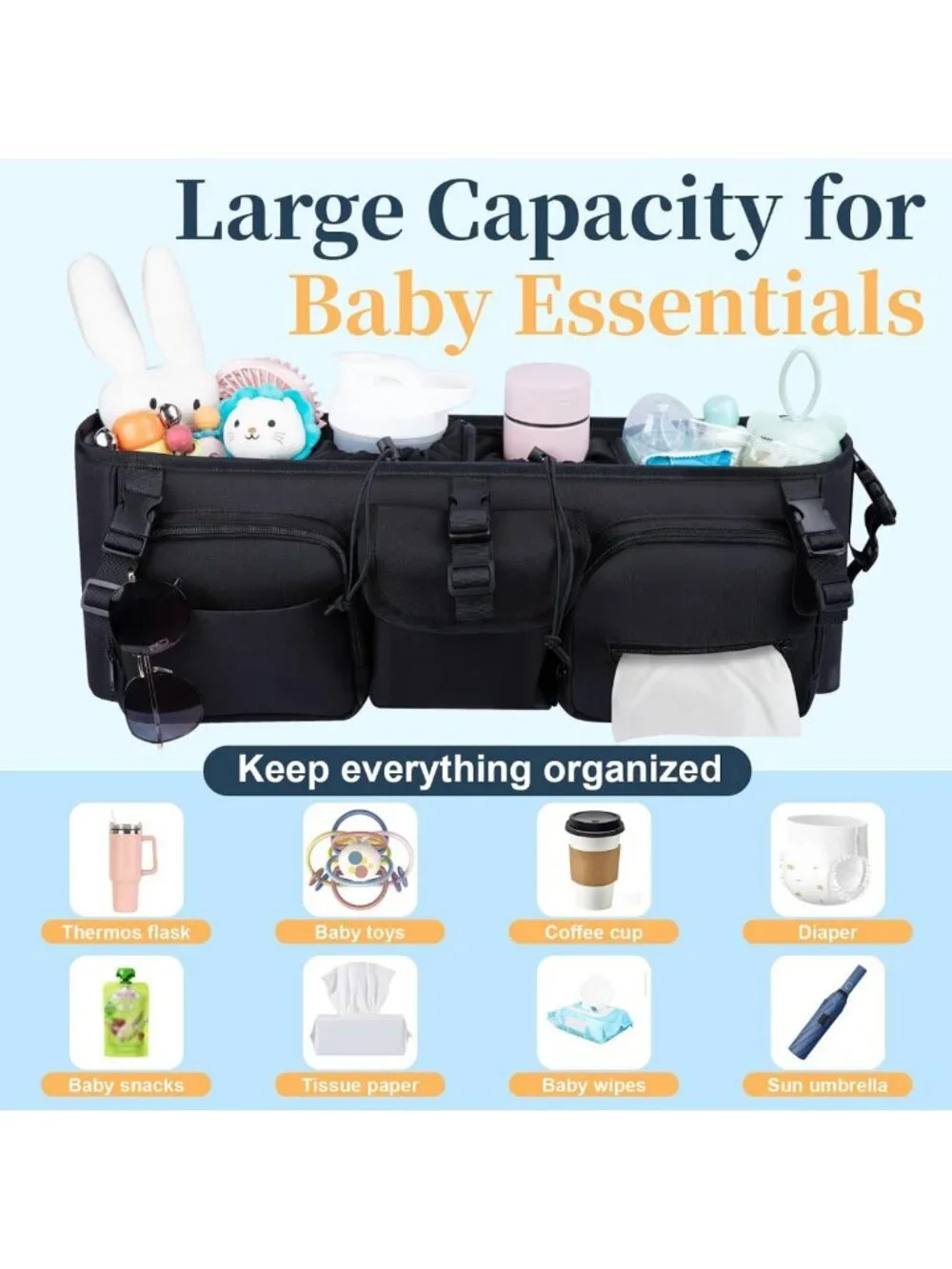 Double Stroller Organizer with Cooler Bag - Universal Fit for Double Strollers